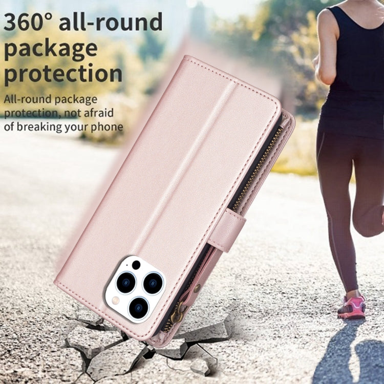 For iPhone 15 Pro 9 Card Slots Zipper Wallet Leather Flip Phone Case(Rose Gold) - HoMEdemic™ 