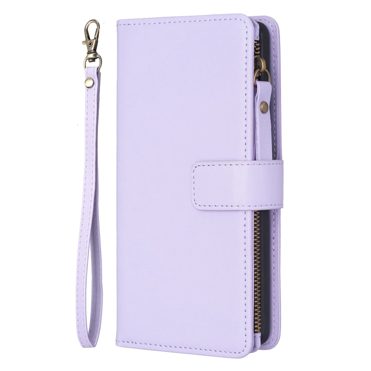 For iPhone 15 Pro 9 Card Slots Zipper Wallet Leather Flip Phone Case(Light Purple) - HoMEdemic™ 