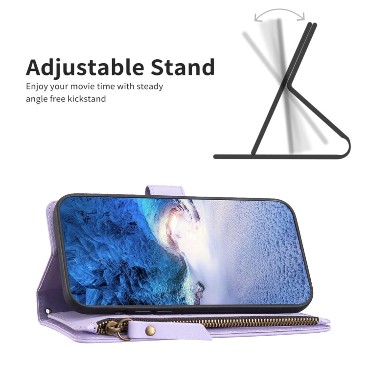 For iPhone 15 Pro 9 Card Slots Zipper Wallet Leather Flip Phone Case(Light Purple) - HoMEdemic™ 