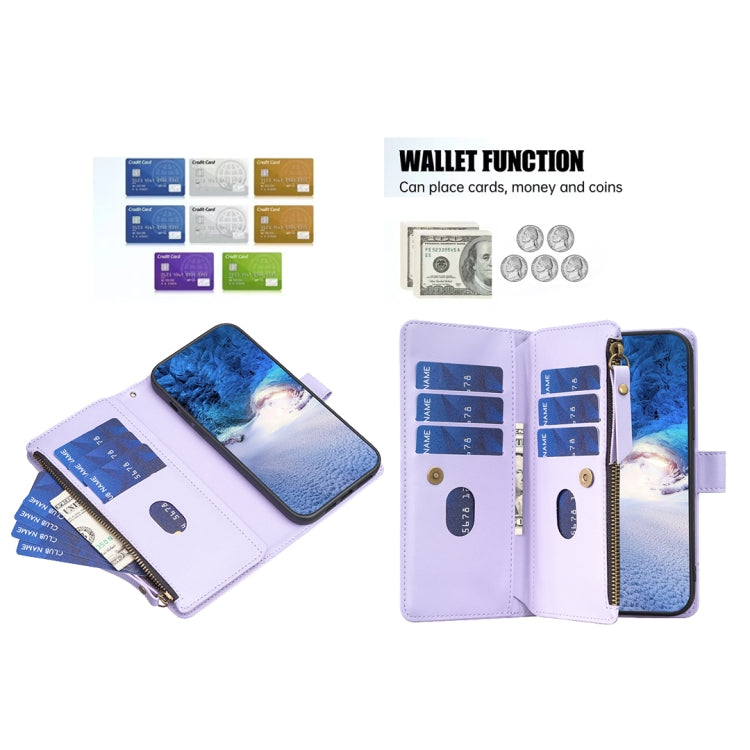 For iPhone 15 Pro 9 Card Slots Zipper Wallet Leather Flip Phone Case(Light Purple) - HoMEdemic™ 