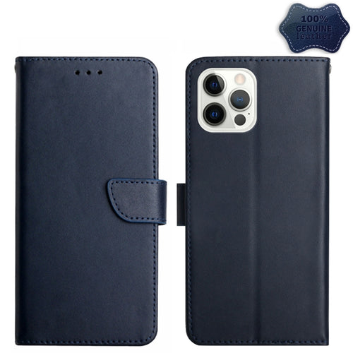 For iPhone 15 Pro Max Genuine Leather Fingerprint-proof Flip Phone Case(Blue) - HoMEdemic™ 