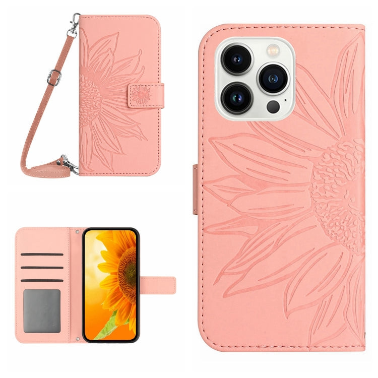 Skin Feel Sun Flower Embossed Flip Leather Phone Case with Lanyard, For iPhone 15 Pro, For iPhone 15 Plus - HoMEdemic™ 