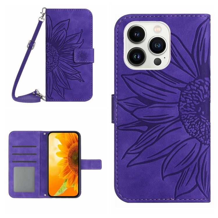 Skin Feel Sun Flower Embossed Flip Leather Phone Case with Lanyard, For iPhone 15 Pro, For iPhone 15 Plus - HoMEdemic™ 