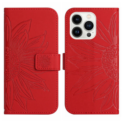 For iPhone 15 Pro Max Skin Feel Sun Flower Embossed Flip Leather Phone Case with Lanyard(Red) - HoMEdemic™ 