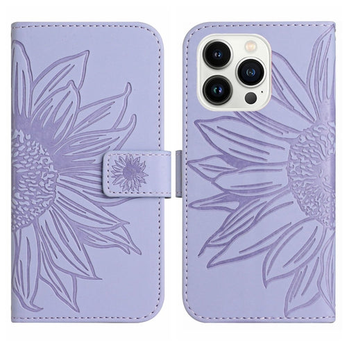 For iPhone 15 Pro Max Skin Feel Sun Flower Embossed Flip Leather Phone Case with Lanyard(Purple) - HoMEdemic™ 