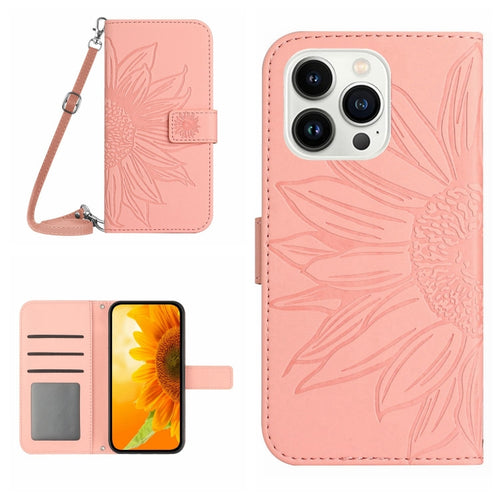 For iPhone 15 Pro Max Skin Feel Sun Flower Embossed Flip Leather Phone Case with Lanyard(Pink) - HoMEdemic™ 