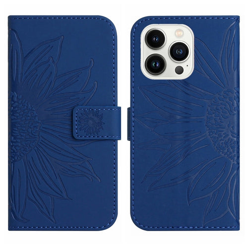 For iPhone 15 Pro Max Skin Feel Sun Flower Embossed Flip Leather Phone Case with Lanyard(Dark Blue) - HoMEdemic™ 