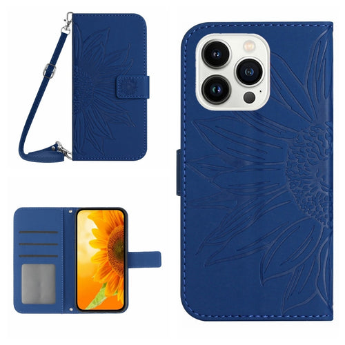 For iPhone 15 Pro Max Skin Feel Sun Flower Embossed Flip Leather Phone Case with Lanyard(Dark Blue) - HoMEdemic™ 