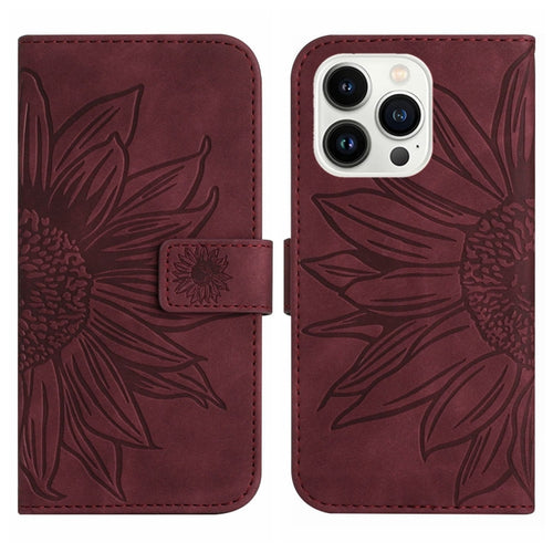 For iPhone 15 Pro Max Skin Feel Sun Flower Embossed Flip Leather Phone Case with Lanyard(Wine Red) - HoMEdemic™ 