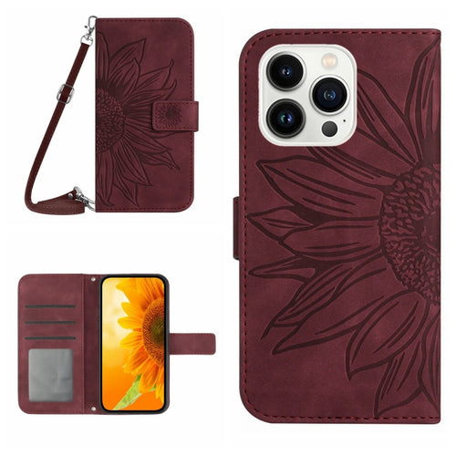 For iPhone 15 Pro Max Skin Feel Sun Flower Embossed Flip Leather Phone Case with Lanyard(Wine Red) - HoMEdemic™ 