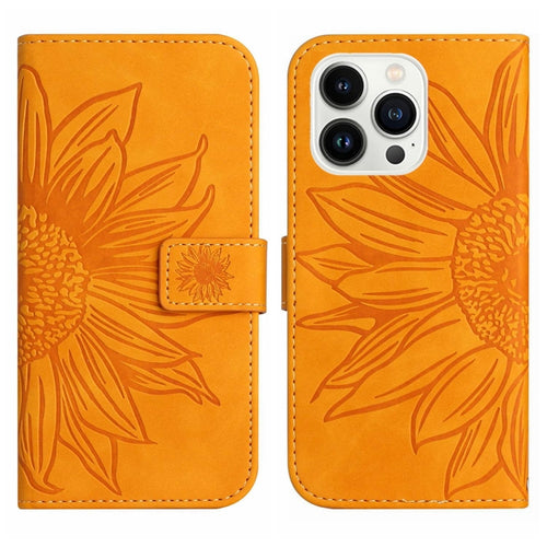 For iPhone 15 Pro Max Skin Feel Sun Flower Embossed Flip Leather Phone Case with Lanyard(Yellow) - HoMEdemic™ 