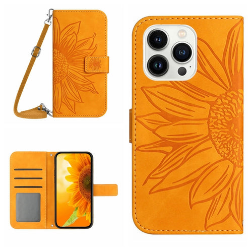 For iPhone 15 Pro Max Skin Feel Sun Flower Embossed Flip Leather Phone Case with Lanyard(Yellow) - HoMEdemic™ 