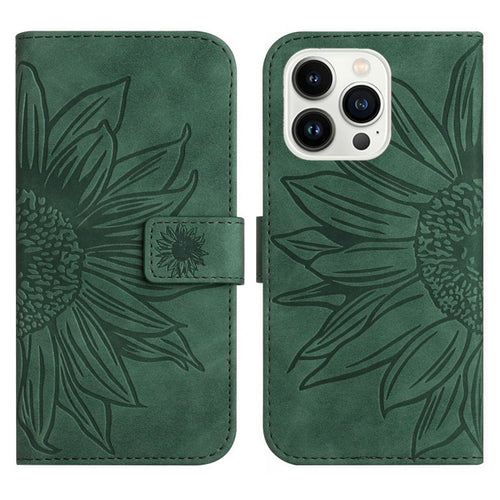 For iPhone 15 Pro Max Skin Feel Sun Flower Embossed Flip Leather Phone Case with Lanyard(Green) - HoMEdemic™ 