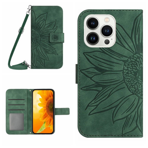 For iPhone 15 Pro Max Skin Feel Sun Flower Embossed Flip Leather Phone Case with Lanyard(Green) - HoMEdemic™ 