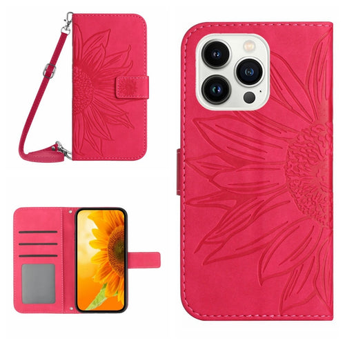 For iPhone 15 Pro Max Skin Feel Sun Flower Embossed Flip Leather Phone Case with Lanyard(Rose Red) - HoMEdemic™ 