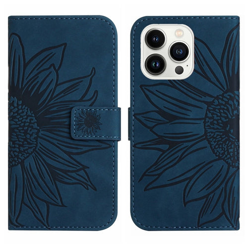 For iPhone 15 Pro Max Skin Feel Sun Flower Embossed Flip Leather Phone Case with Lanyard(Inky Blue) - HoMEdemic™ 