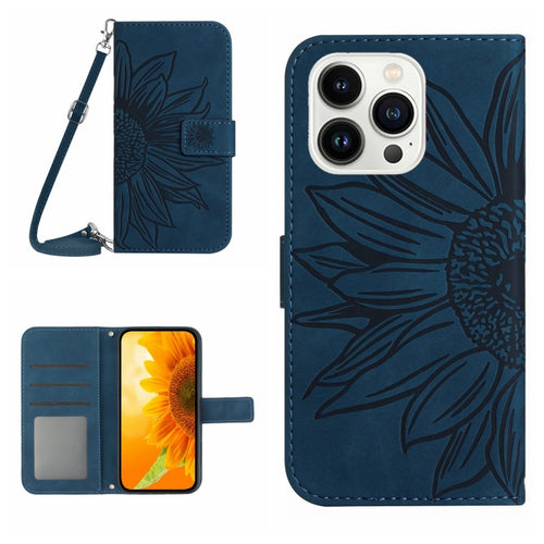 For iPhone 15 Pro Max Skin Feel Sun Flower Embossed Flip Leather Phone Case with Lanyard(Inky Blue) - HoMEdemic™ 