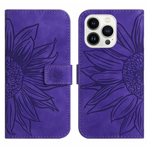 For iPhone 15 Pro Max Skin Feel Sun Flower Embossed Flip Leather Phone Case with Lanyard(Dark Purple) - HoMEdemic™ 