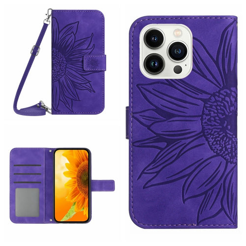 For iPhone 15 Pro Max Skin Feel Sun Flower Embossed Flip Leather Phone Case with Lanyard(Dark Purple) - HoMEdemic™ 