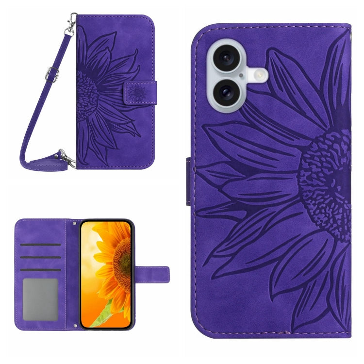 Skin Feel Sun Flower Embossed Flip Leather Phone Case with Lanyard, For iPhone 16 Pro, For iPhone 16 Plus - HoMEdemic™ 
