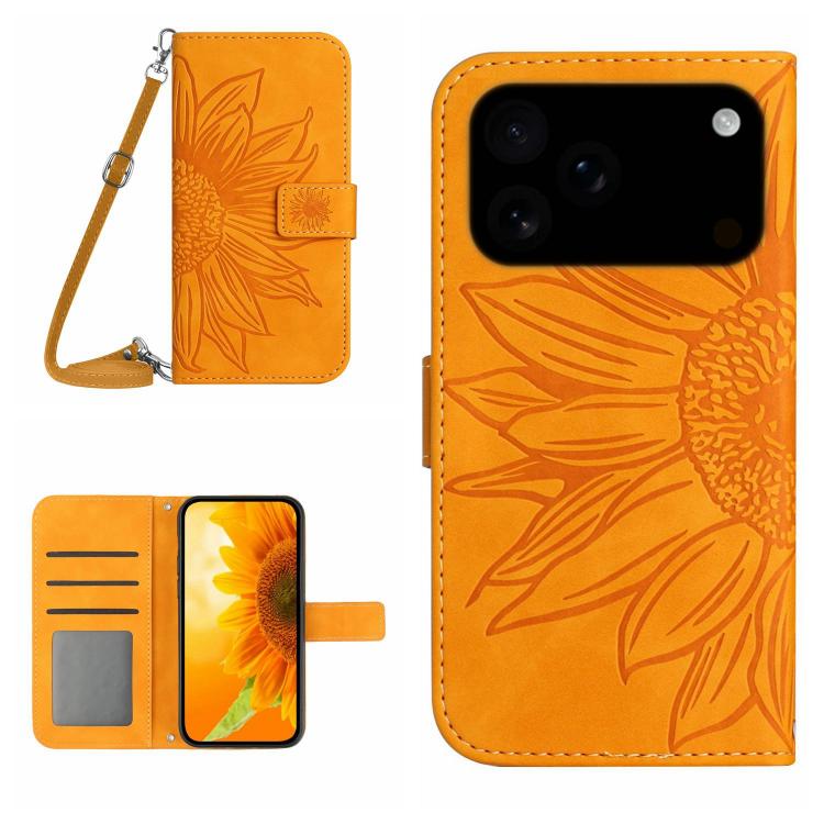 Skin Feel Sun Flower Embossed Flip Leather Phone Case with Lanyard, For iPhone 17 Pro Max, For iPhone 17 Pro