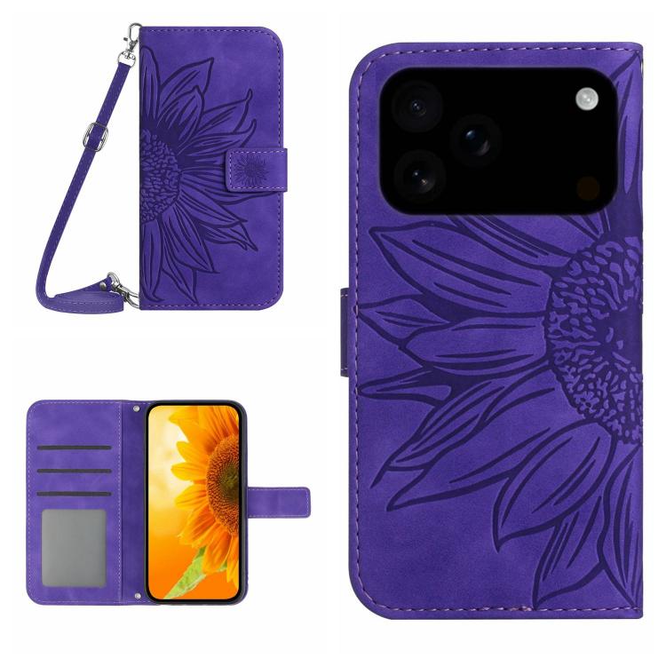 Skin Feel Sun Flower Embossed Flip Leather Phone Case with Lanyard, For iPhone 17 Pro Max, For iPhone 17 Pro