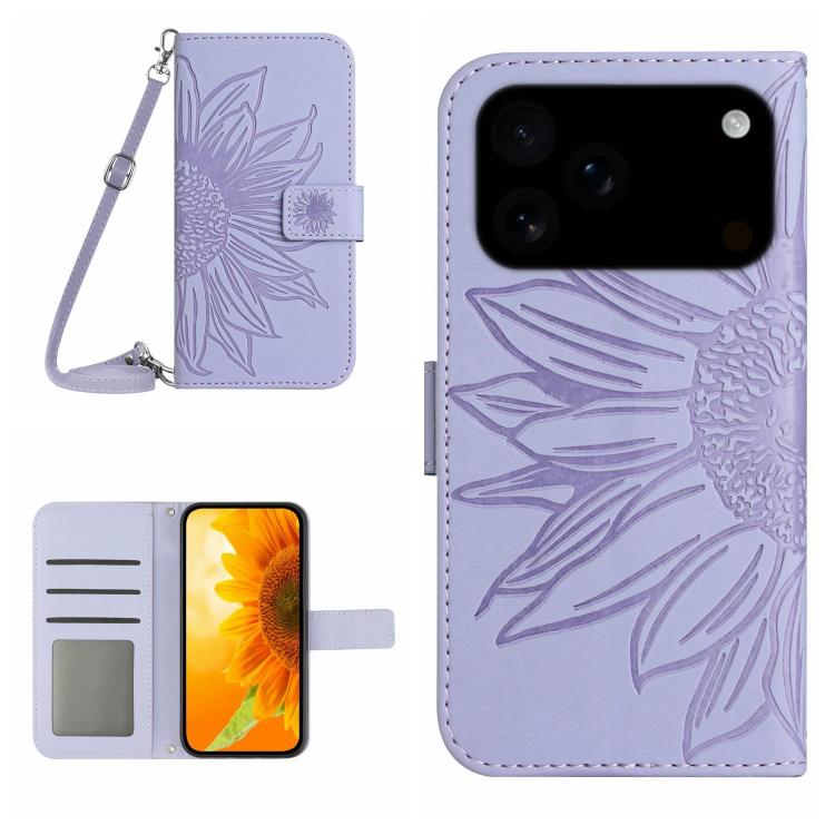 Skin Feel Sun Flower Embossed Flip Leather Phone Case with Lanyard, For iPhone 17 Pro Max, For iPhone 17 Pro
