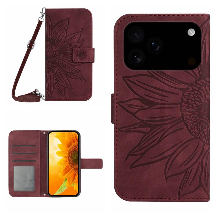 Skin Feel Sun Flower Embossed Flip Leather Phone Case with Lanyard, For iPhone 17 Pro Max, For iPhone 17 Pro