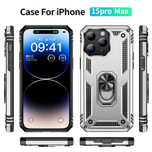 For iPhone 15 Pro Max Shockproof TPU + PC Phone Case with Holder(Silver) - HoMEdemic™ 