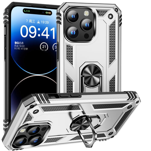 For iPhone 15 Pro Max Shockproof TPU + PC Phone Case with Holder(Silver) - HoMEdemic™ 