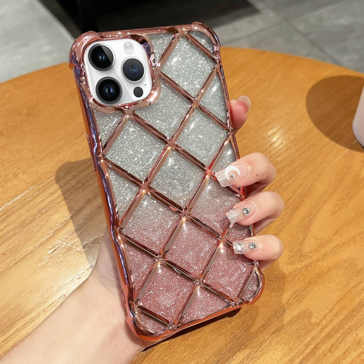 For iPhone 15 Pro 3D Diamond Lattice Laser Engraving Glitter Paper Phone Case(Gradient Pink) - HoMEdemic™ 