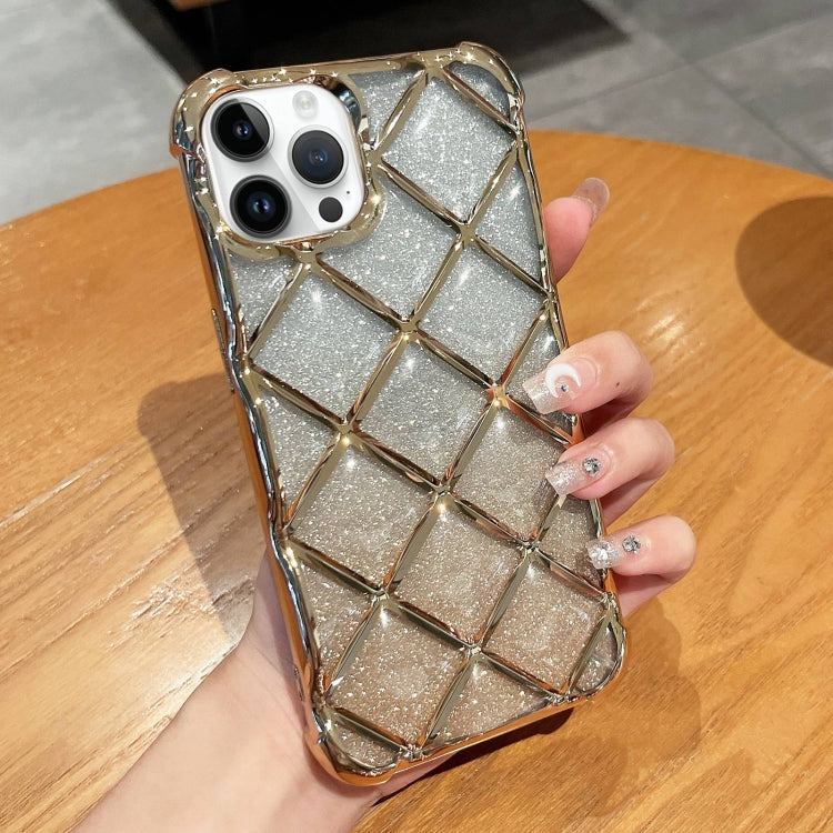 For iPhone 15 Pro 3D Diamond Lattice Laser Engraving Glitter Paper Phone Case(Gradient Gold) - HoMEdemic™ 