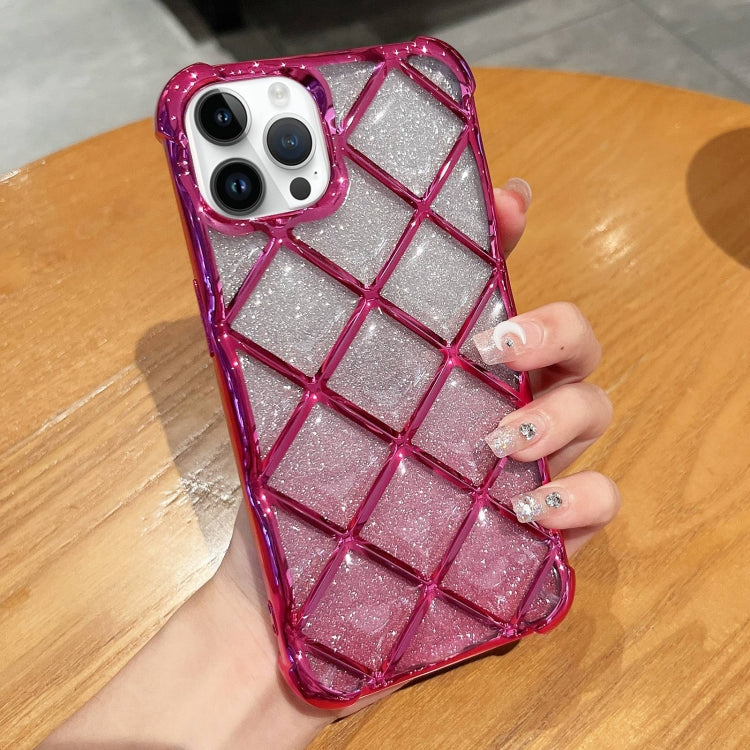 For iPhone 15 Pro 3D Diamond Lattice Laser Engraving Glitter Paper Phone Case(Gradient Rose Red) - HoMEdemic™ 