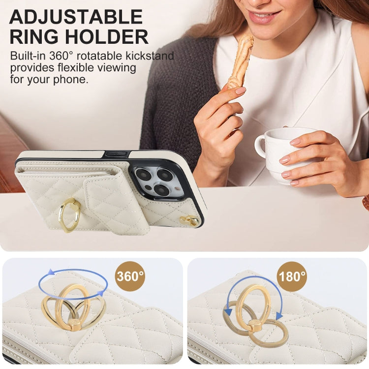 For iPhone 15 Pro Max Rhombic Texture Card Bag Phone Case with Long Lanyard(White) - HoMEdemic™ 