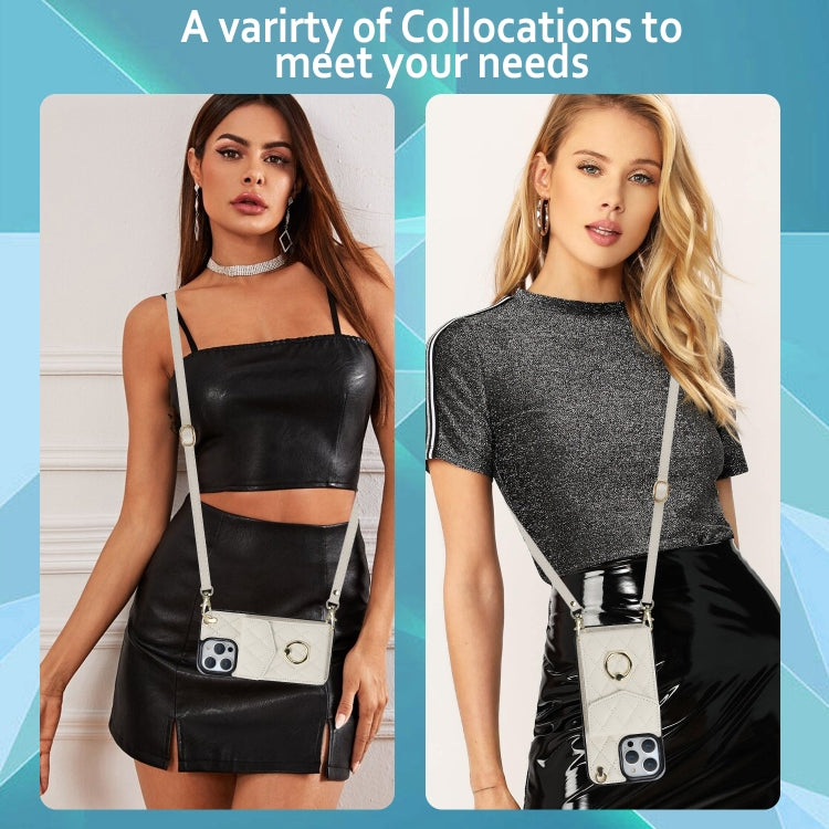 For iPhone 15 Pro Max Rhombic Texture Card Bag Phone Case with Long Lanyard(White) - HoMEdemic™ 