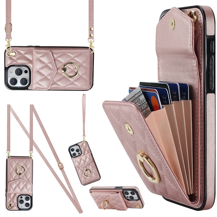 For iPhone 15 Pro Max Rhombic Texture Card Bag Phone Case with Long Lanyard(Rose Gold) - HoMEdemic™ 