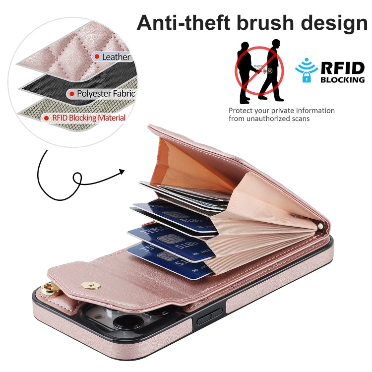 For iPhone 15 Pro Max Rhombic Texture Card Bag Phone Case with Long Lanyard(Rose Gold) - HoMEdemic™ 