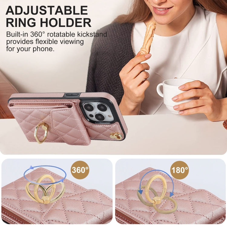 For iPhone 15 Pro Max Rhombic Texture Card Bag Phone Case with Long Lanyard(Rose Gold) - HoMEdemic™ 