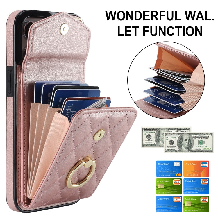 For iPhone 15 Pro Max Rhombic Texture Card Bag Phone Case with Long Lanyard(Rose Gold) - HoMEdemic™ 