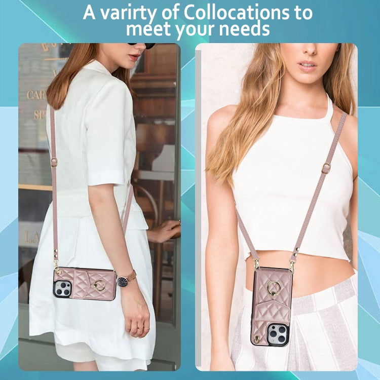 For iPhone 15 Pro Max Rhombic Texture Card Bag Phone Case with Long Lanyard(Rose Gold) - HoMEdemic™ 