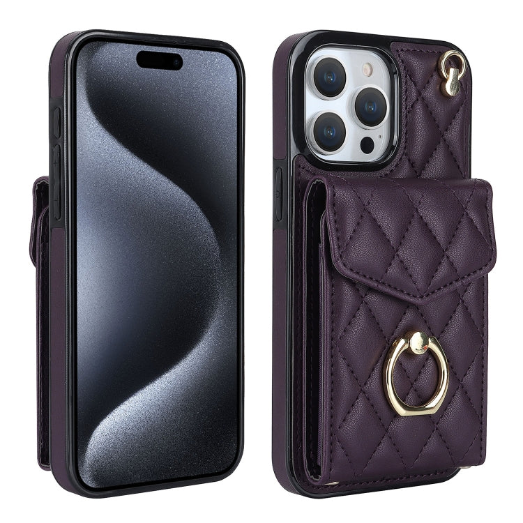 For iPhone 15 Pro Max Rhombic Texture Card Bag Phone Case with Long Lanyard(Dark Purple) - HoMEdemic™ 