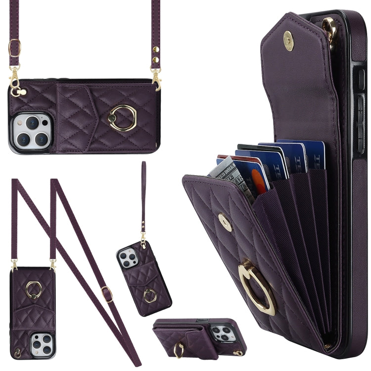 For iPhone 15 Pro Max Rhombic Texture Card Bag Phone Case with Long Lanyard(Dark Purple) - HoMEdemic™ 