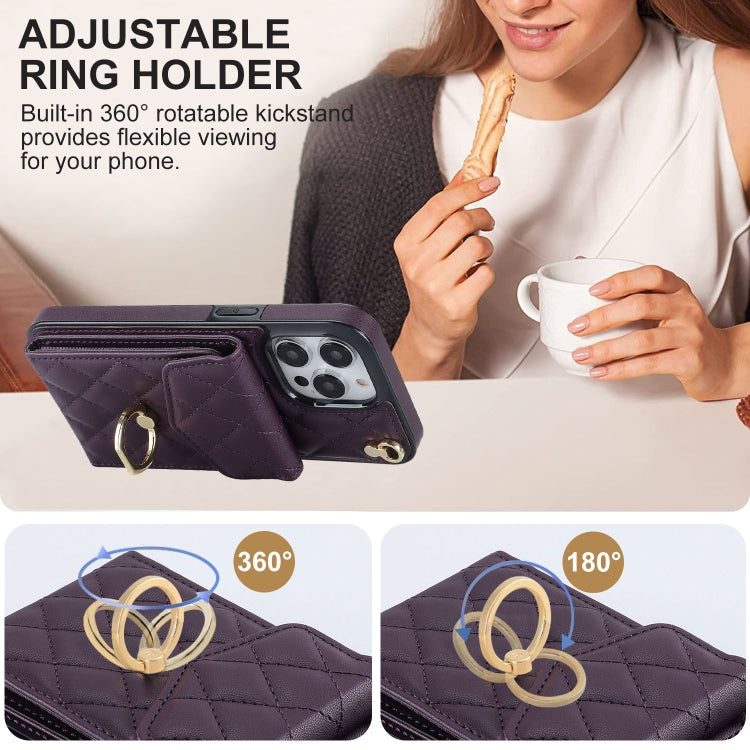 For iPhone 15 Pro Max Rhombic Texture Card Bag Phone Case with Long Lanyard(Dark Purple) - HoMEdemic™ 