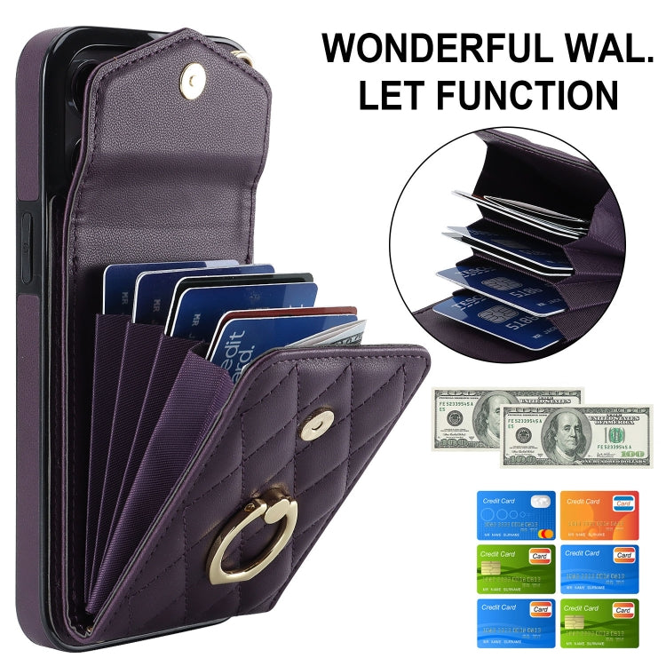 For iPhone 15 Pro Max Rhombic Texture Card Bag Phone Case with Long Lanyard(Dark Purple) - HoMEdemic™ 