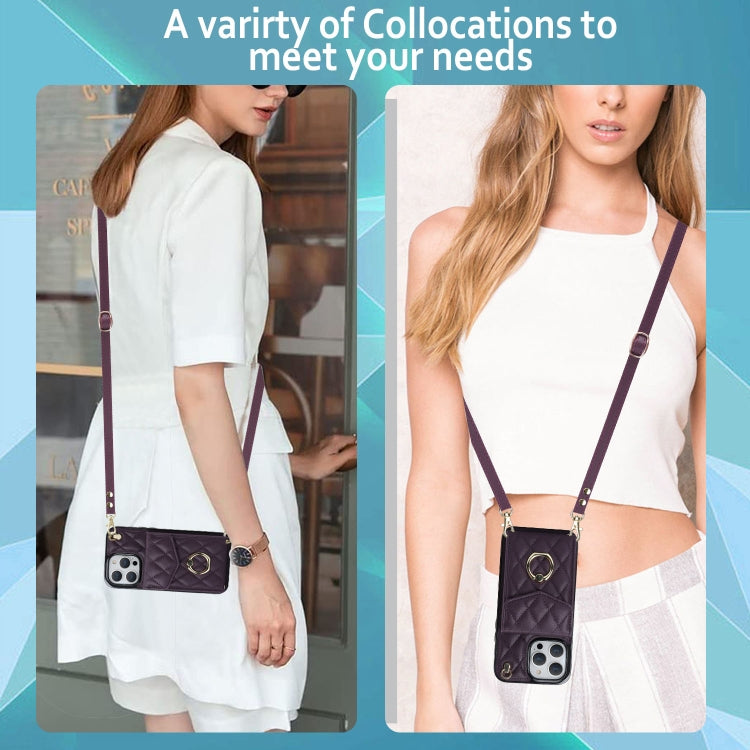 For iPhone 15 Pro Max Rhombic Texture Card Bag Phone Case with Long Lanyard(Dark Purple) - HoMEdemic™ 