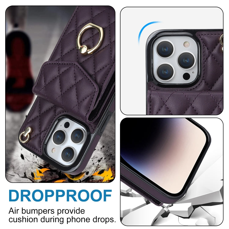 For iPhone 15 Pro Max Rhombic Texture Card Bag Phone Case with Long Lanyard(Dark Purple) - HoMEdemic™ 