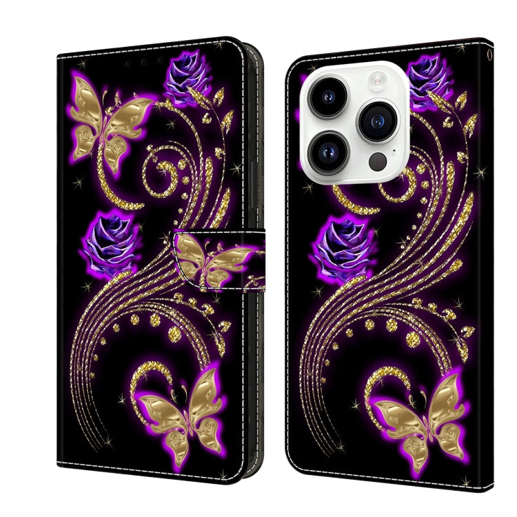 For iPhone 15 Pro Crystal 3D Shockproof Protective Leather Phone Case(Purple Flower Butterfly) - HoMEdemic™ 