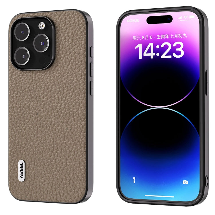 For iPhone 15 Pro ABEEL Genuine Leather Litchi Texture Phone Case(Grey) - HoMEdemic™ 