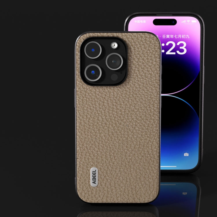 For iPhone 15 Pro ABEEL Genuine Leather Litchi Texture Phone Case(Grey) - HoMEdemic™ 