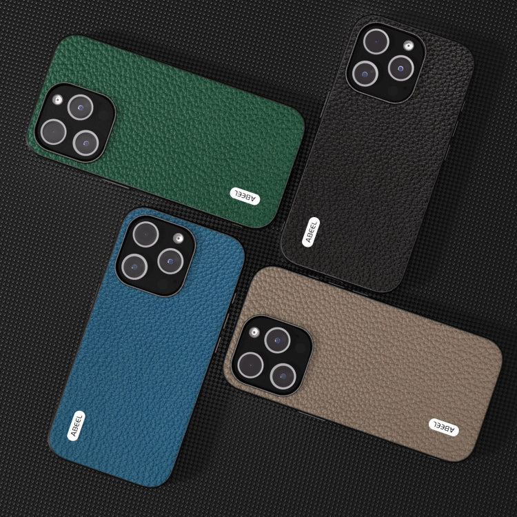 For iPhone 15 Pro ABEEL Genuine Leather Litchi Texture Phone Case(Grey) - HoMEdemic™ 
